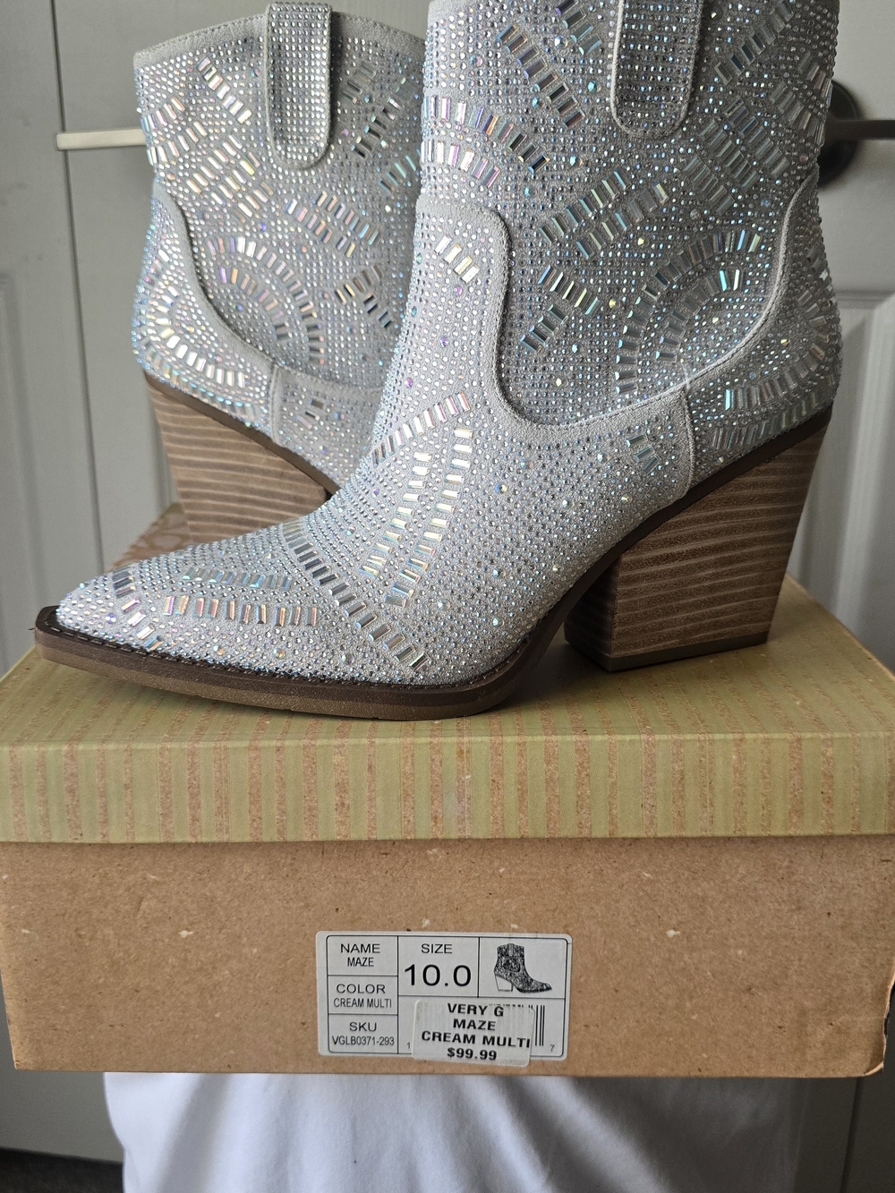 Very G Cream Multi Embellished Western Ankle Booties